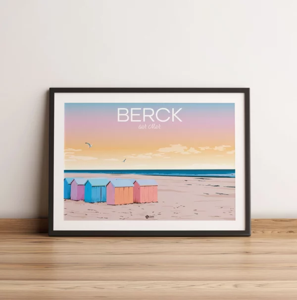 Affiche Berck sur mer cabane de plage coucher de soleil Nord pas de Calais