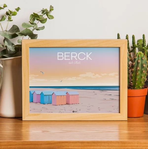 Affiche Berck sur mer cabane de plage coucher de soleil Nord pas de Calais