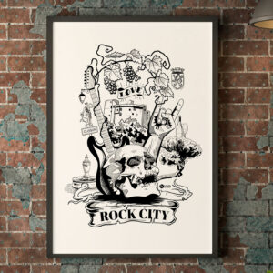 Illustration Clisson Rock city Hellfest metal festival noir et blanc