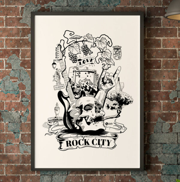 Illustration Clisson Rock city Hellfest metal festival noir et blanc