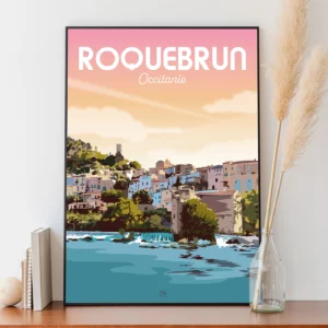 Affiche Roquebrun en Occitanie au couché du soleil Sud de la France