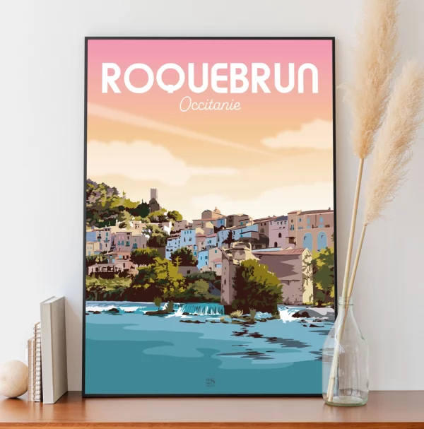 Affiche Roquebrun en Occitanie au couché du soleil Sud de la France